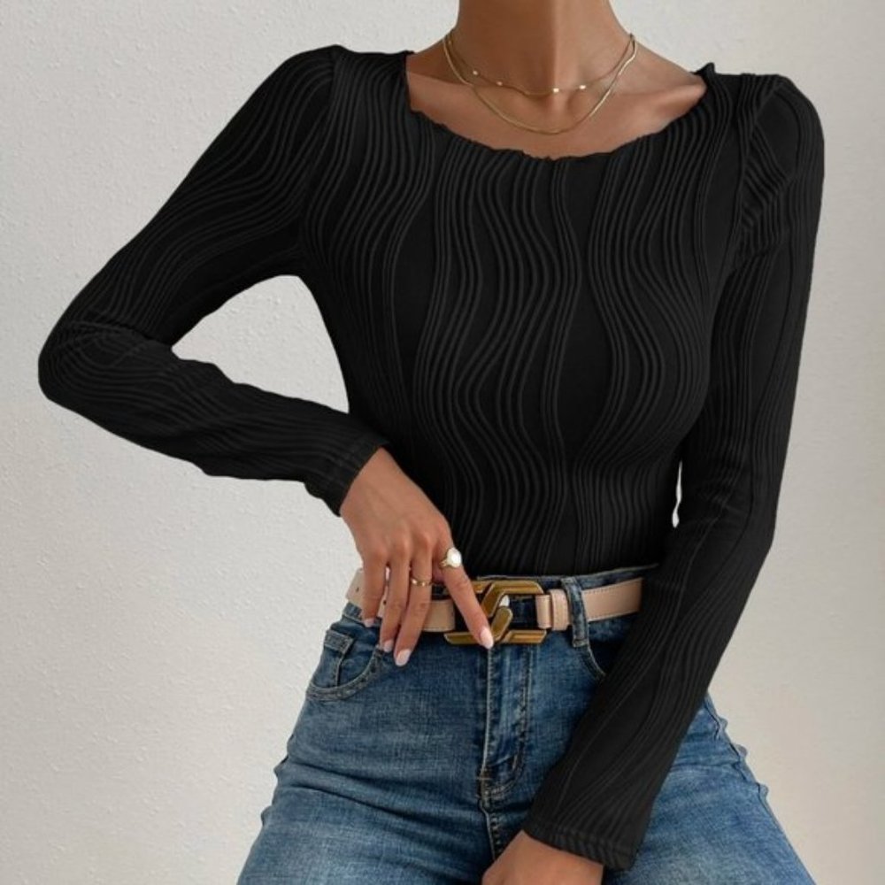 Black Frenchy Silky Textured Round Neck Tee